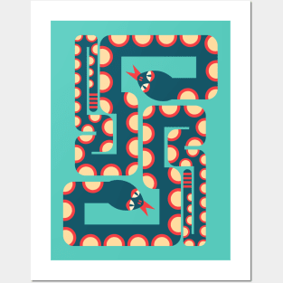 TWO RETRO GRAPHIC SNAKES Geometric Dark Blue and Red - UnBlink Studio by Jackie Tahara Posters and Art